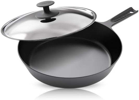 COOKLIFE 10 Inch Lightweight Pre-Seasoned Cast Iron Skillets with Stainless Steel Lid and Handle Cover - Smooth Polished Surface, Easy to Clean Cast Iron Pan Use in the Oven, on the Stove or Grill