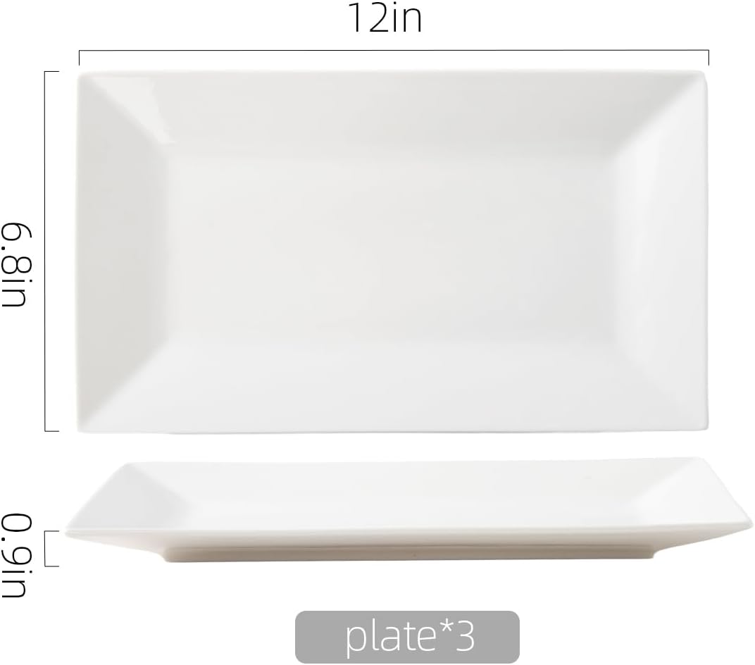 Porlien 12-inch White Porcelain Serving Platters for Party, Wedding and Entertaining, Rectangular Serving Plates Set of 3, Serving Tray for Dinner, Appetizers and Desserts