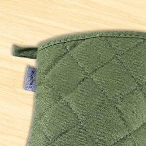 Set of 4 Oven Mitts and Pot Holder Heavy and Tall Kitchen Cotton Gloves Lined Towelcloth, Gloves Length 40cm, Pot Holder Width 20cm Diameter Round… (Army Green)