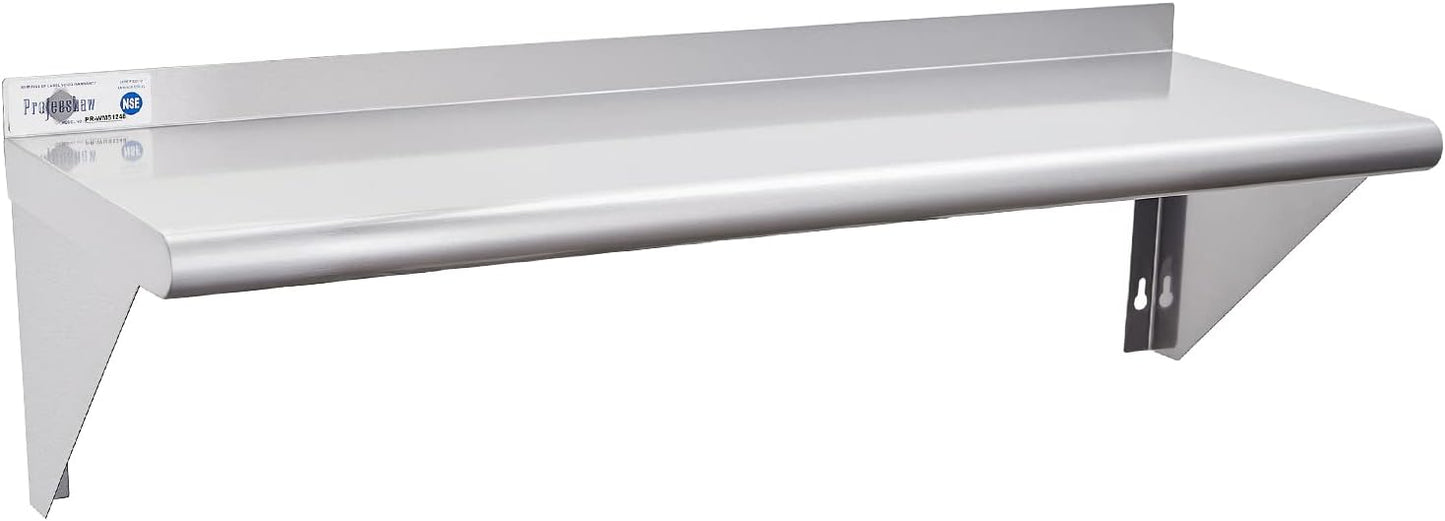 Profeeshaw NSF Stainless Steel Shelf 12” x 48”, 280 lb Commercial Shelves Wall Mounted Metal Shelving with Backsplash and 2 Brackets for Restaurant, Bar, Utility Room, Kitchen and Garage