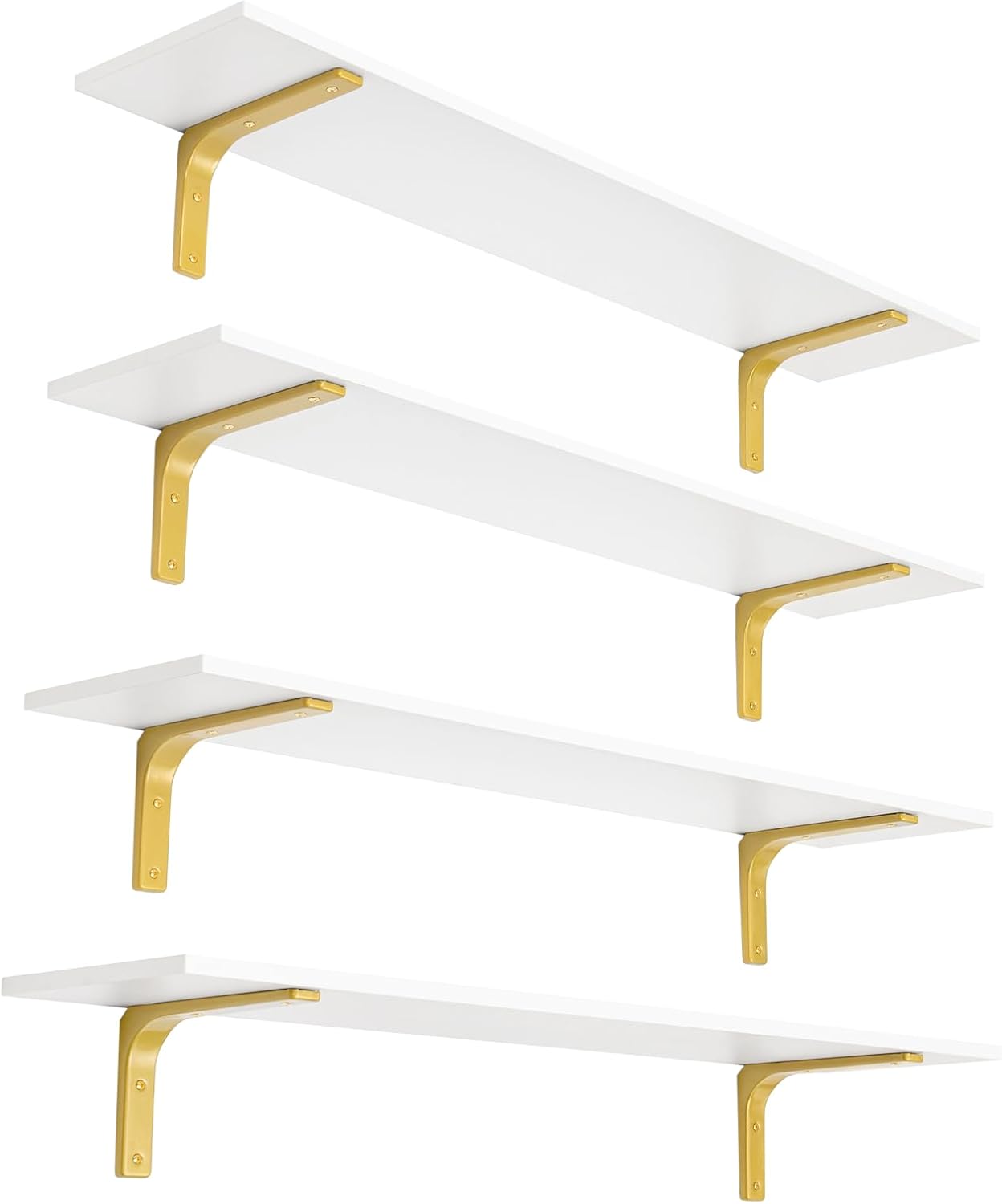 DINZI LVJ Long Wall Shelves, 47.3" Wall Mounted Shelves Set of 4, Large Floating Shelves for Wall with Metal Brackets, for Living Room, Bathroom, Bedroom, Kitchen, White and Gold