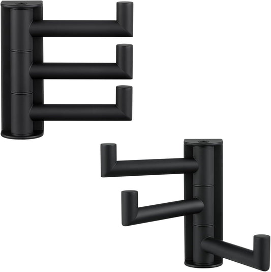 Suyar Towel Hook for Bathroom, SUS 304 Stainless Steel Swivel Coat Robe Holder with 3 Foldable Arms, Wall Hook Matte Black, 2 Pack