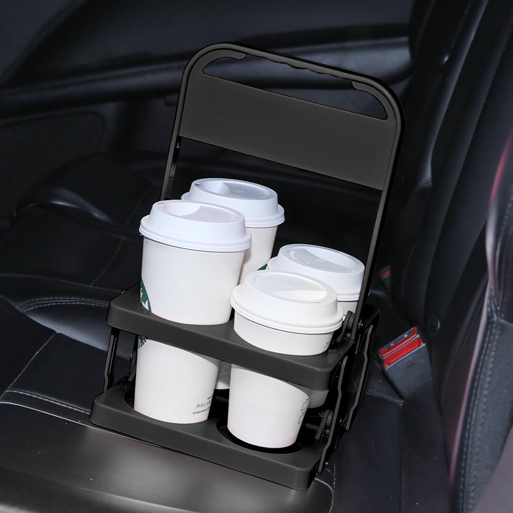 Bodaon 4 Cup Drink Carrier with Handle, Plastic Cup Carriers for Drinks, Drink Holder for Car, GrubHub/Eats Doordash Accessories, Portable Foldable Reusable Mobile, Use for Food Delivery Bag, Black