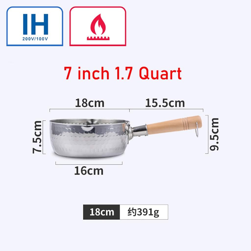 Yukihira Saucepan, Traditional Japanese Yukihira Pot Stainless Steel Saucepan Milk Sauce Pan Wooden Handle (7 inch 1.7 Quart)