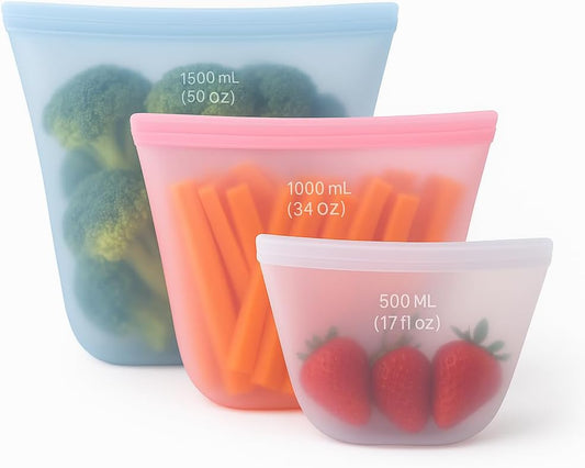 3 Pack Reusable Silicone Food Storage Bags, Stand Up Zip Container Set for Soup, Sandwich, Leftovers, Microwave Safe, BPA Free, AR3T Home Essentials (Multi Color 3 pack)