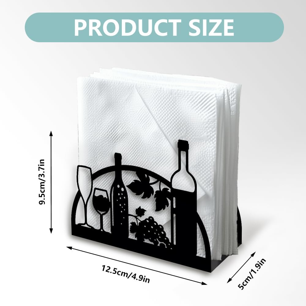 Grape Wine and Glass Decorative Black Metal Napkin Holder for Table, 4.9" x 4.9" x 1.9" Standing Napkin Holder for Home Kitchen Restaurant Picnic Party Coffee Bar Dining Room