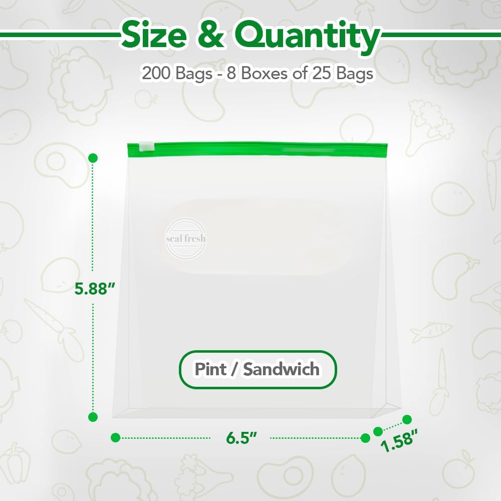 Pint Slider Storage Bags 200 Pack — Reusable Freezer Bags with Expandable Bottom, BPA Free, Microwave Safe, Clear Pint Food Storage Bags