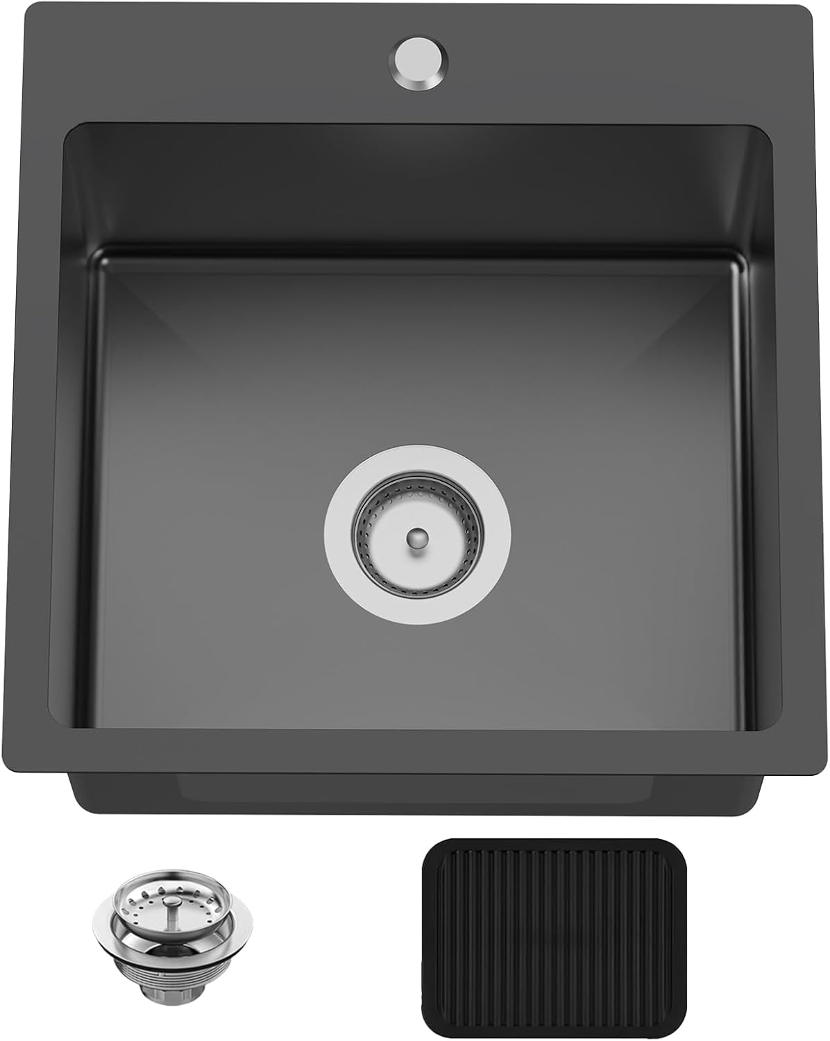 Black 18x18 In Drop In Kitchen And Bar Sink- Stainless Steel Single Bowl Kitchen Sink Modern Topmount Bar Sink With Silicon Mat,Drain Strainer Set Compatibility With Various Kitchen & Bar Style