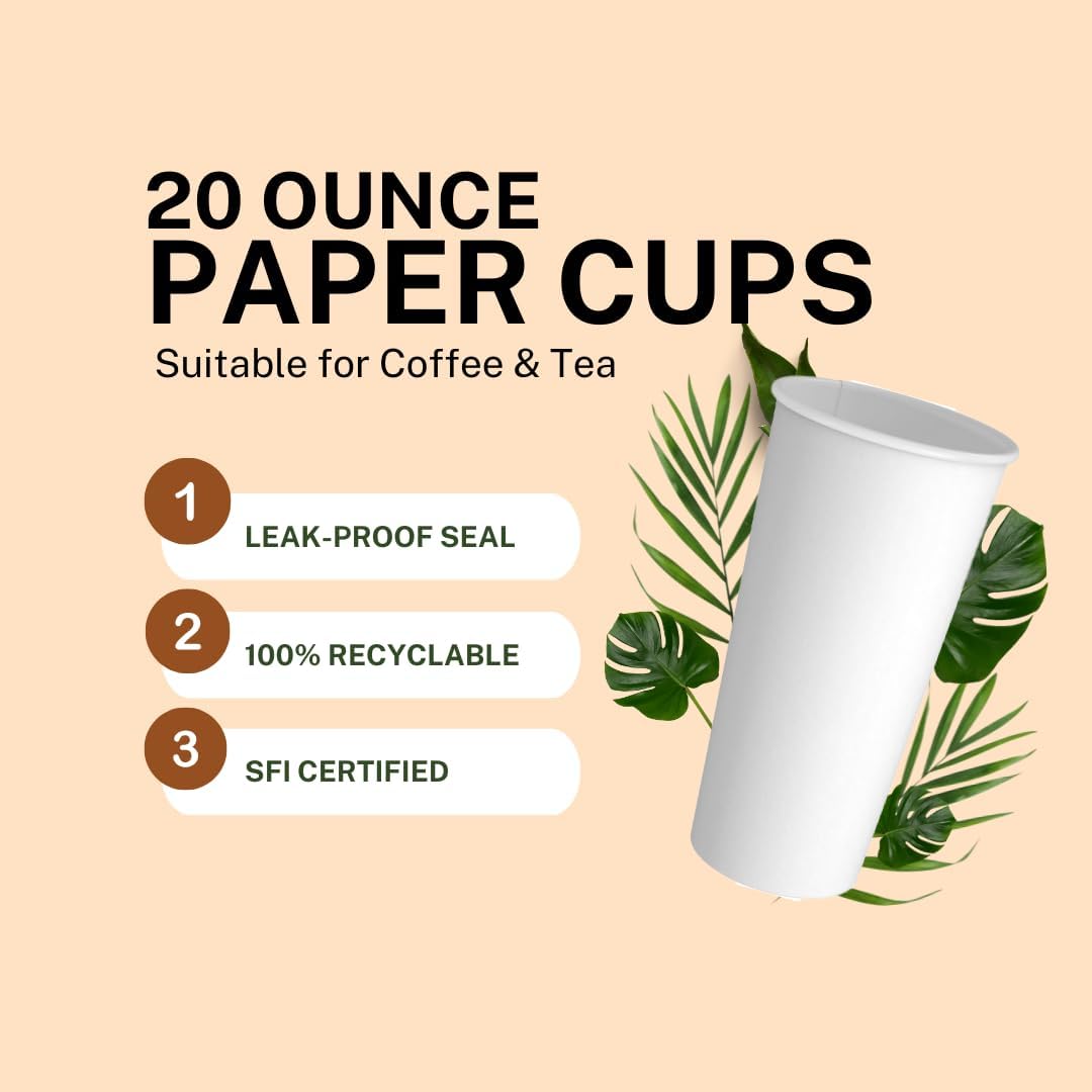 Paper Cups 20 oz 500 Pack for Coffee & Tea 20 oz Made in USA | Bulk 500 Count for Home, Office, Restaurants & Parties | Recyclable Disposable 20 Ounce To-Go Cups for Hot Drinks