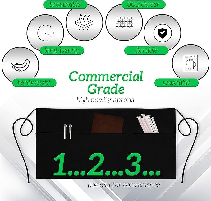 GREEN LIFESTYLE Server Aprons with 3 Pockets - Waist Apron, Waitress Apron for Women and Man, Water Resistant with Long Waist Strap Reinforced Seams, Half Apron (24 Pack - Black)