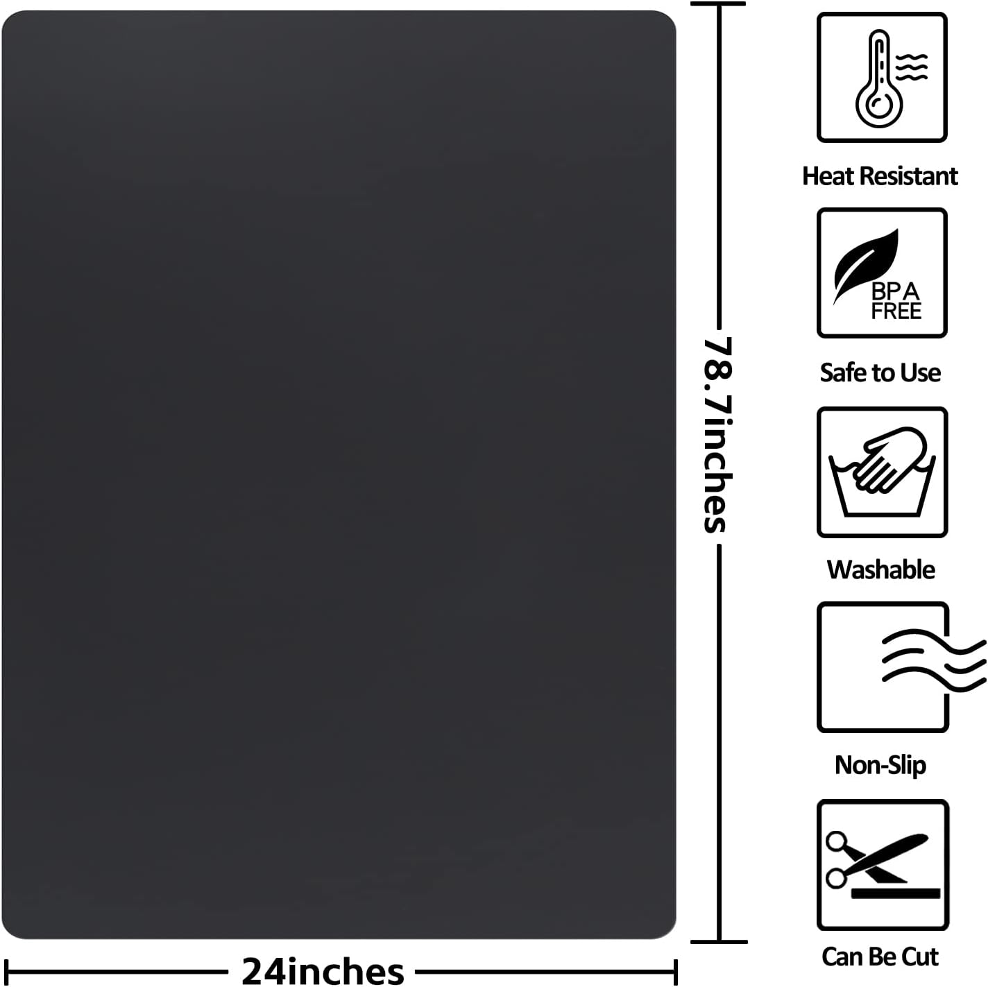Silicone Mats for Kitchen Counter, Nonslip Silicone Mats for Crafts Countertop Protector Heat Resistant Mat (78.7” x 24” x 0.08”, Black)