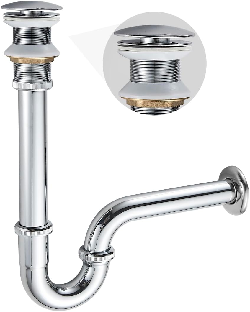 U-Shape Bottle Trap for Bathroom Sink, 1-1/4 P-trap Slip Inlet Drain Complete Kit, Lavatory Sink Stopper Set Without Overflow, Chrome