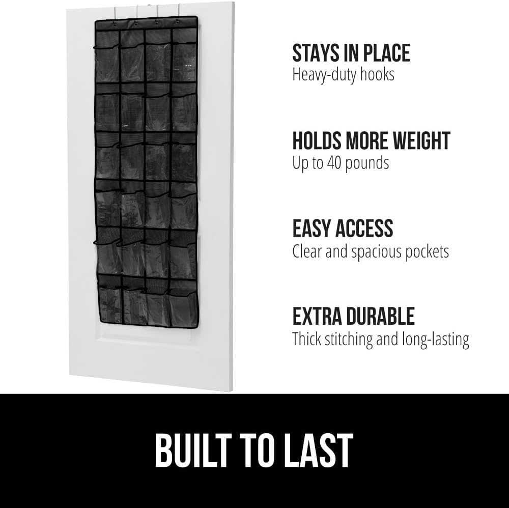 GORILLA GRIP Over the Door Shoe Organizer, 24 Large Breathable PVC Pockets, Space Saving Hanging Storage Holder, Closet Rack Hanger Holds Up to 40 lbs, Hangs on Closets for Shoes 2 Pack, Black