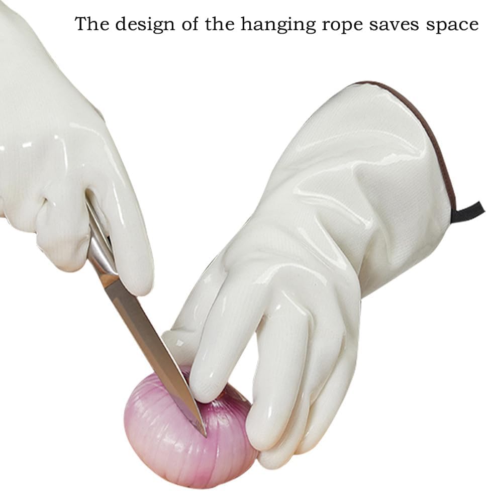 Silicone BBQ Gloves, Oven Gloves with Fingers 932°F Heat Resistant, Kitchen Waterproof Hot Proof Glove for Fryer, Smoker, Baking, Cooking (White, M)