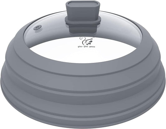 Microwave Splatter Cover Glass Splatter Guard Lid with Collapsible Silicone for Food Pot Plate Cover 11.8 inch Light Grey