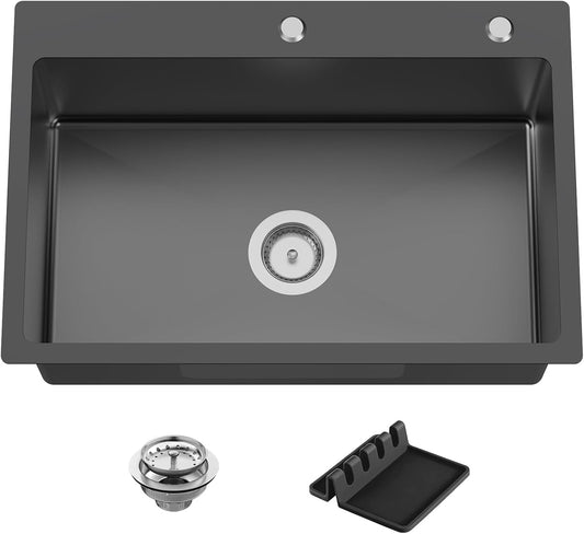 Black 27x18 Inch Kitchen And Bar Sink-Stainless Steel Drop In Kitchen Sink Modern Single Bowl Topmount Bar Sink Come With Silicon Mat,Drain Strainer Set Compatibility With Various Kitchen&Bar Style