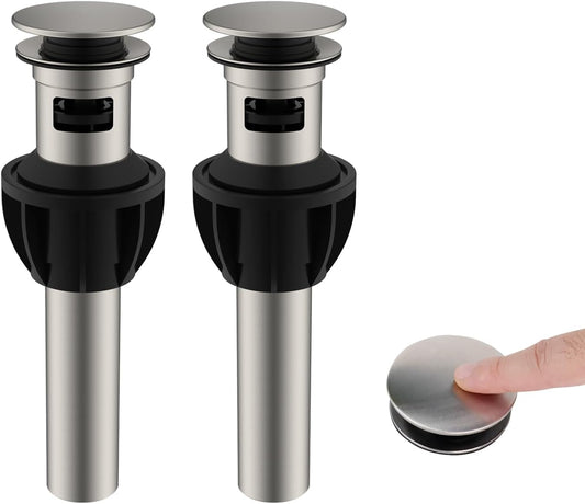 Hibbent 2 Pack Metal Bathroom Sink Drain with Overflow, Push and Seal Pop Up Drain Stopper, Stainless Steel Vessel Lavatory Vanity Sink Drain Stopper, Anti-Clogging Strainer, Brushed Nickel