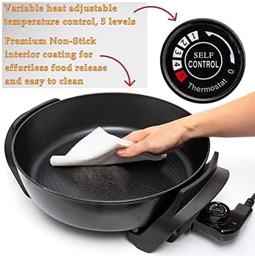 Moss & Stone Round Nonstick Electric Skillet With Lid, Aluminum 12x12 Inch Electric Frying Pan 5Qt, Nonstick Cooking Surface, Adjustable Temperature Control, Vented Glass Lid, Heat-Resistant Handle