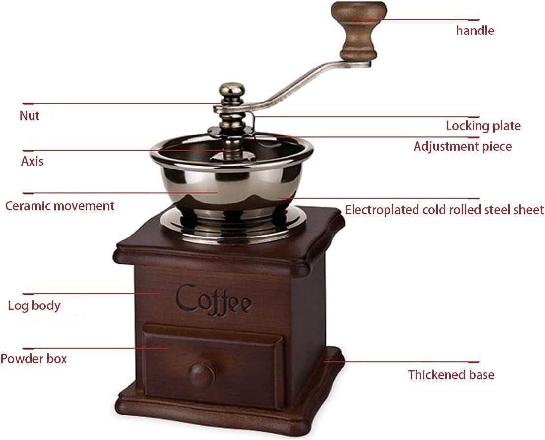 Wooden Manual Coffee Grinder Vintage Style Hand Coffee Mill Burr Coffee Grinder with Ceramic Hand Crank,Wooden Manual Coffee Grinder Cleaning Brush, (Dark Brown Upgraded Version）