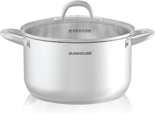 SUNHOUSE 8 Quart Stock Pot with Lid - 3-Ply Bottom Stainless Steel Pasta Cooking Canning Dutch Oven Pot - Induction Compatible for All Stovetops - Dishwasher Safe & Oven Safe