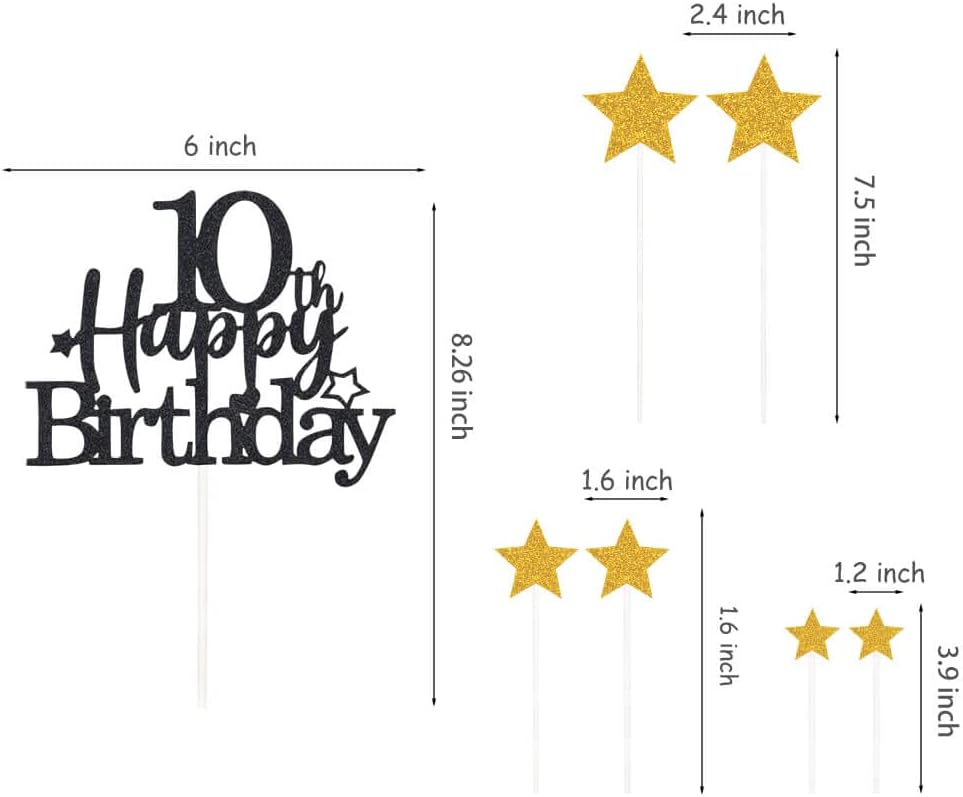 Glittery 10th Happy Birthday Cake Topper with Star,Personalised 10 Birthday Cake Toppers Party Decorations Party Supplies for Boys Girls Black Gold