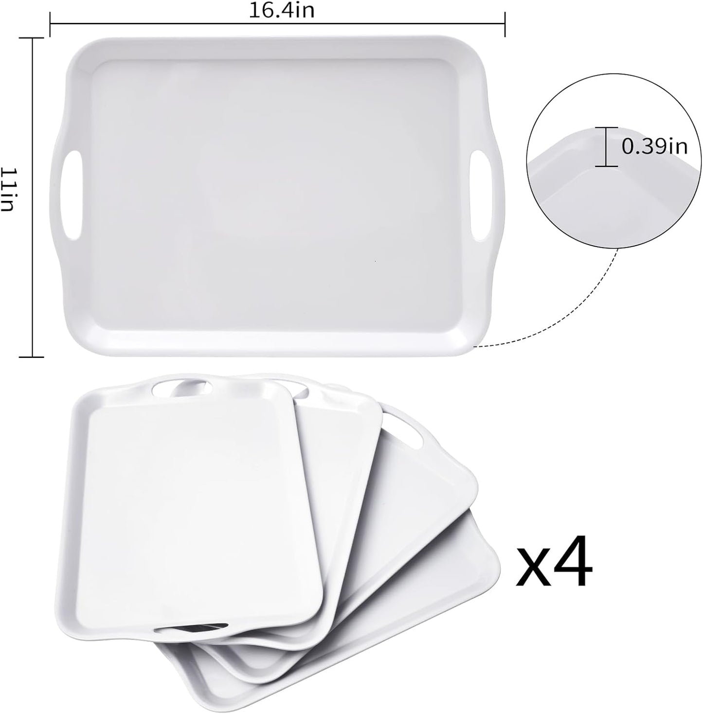 Blue Boat 16.5" x 11.5" Serving Trays Set of 4 White, Dinner Tray, Light Weight Easy to Clean Sturdy Stackable Melamine Serving Tray with Handle, Fruit, Snacks, and Desserts Trays