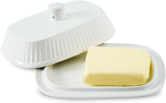 Hansense Porcelain Butter Dish with Lid for Countertop, Ceramic Butter Keeper with Handle Cover, Butter Holder Container Perfect for East and West Coast Butter, Dishwahser Safe, White