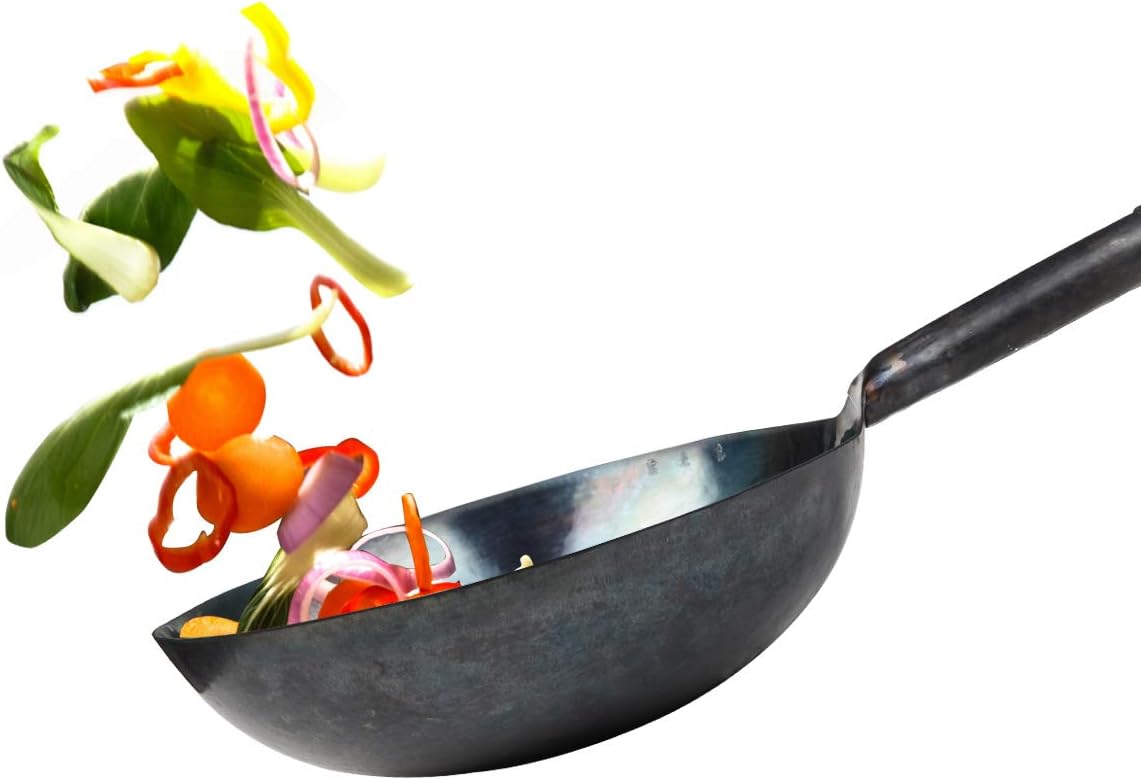 臻三环 ZhenSanHuan Chinese Hand Hammered Iron Woks and Stir Fry Pans, Non-stick, No Coating, Carbon Steel Pow (34CM, BlueBlack Seasoned with help handle)