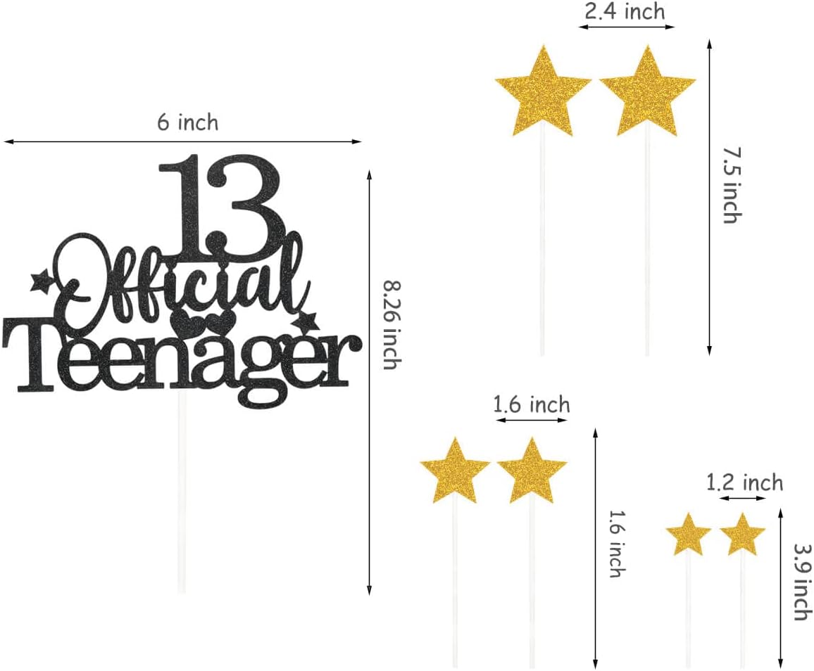 Glittery 13 Ofiicial Teenager Cake Topper with Star,13th Happy Birthday Cake Topper Party Decorations Party Supplies for Boys Girls Black Gold