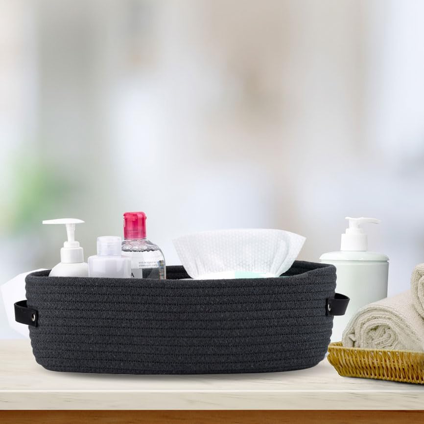 Cotton Rope Toilet Paper Holder Basket with Handle, Home Decor Organizing Small Baskets, Nursery Basket 13"x5.9"x4" Dark Gray
