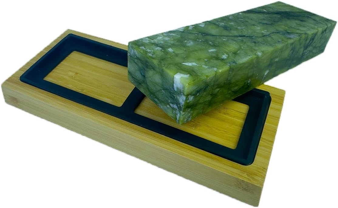 Natural Large Green Whetstone,Fine Polishing Stone, Suitable for Knives Polishing, Honing OilStone Sharpening Stone,7 * 2.36 * 1.2 In, Includes Bamboo Base