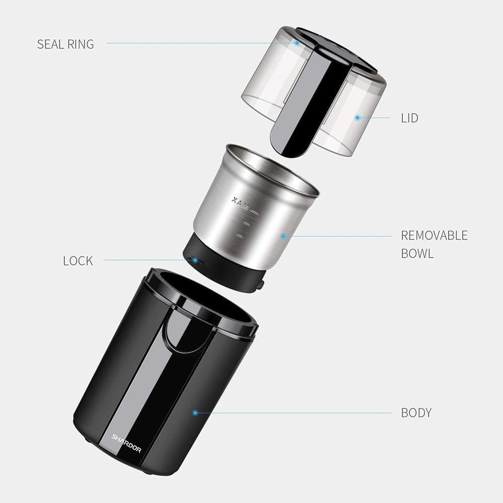 SHARDOR Coffee Grinder Electric, Coffee Bean Electric, Herb, Nut Grain Grinder with 1 Removable Stainless Steel Bowl, Black