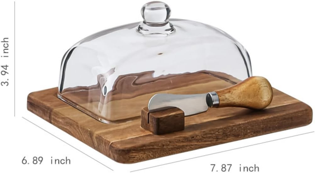 Acacia Wood Butter Dish with Knife and Glass Cover for Cheese, Butter, Cake, Dessert Serving Tray Elegant Kitchenware (1 knife)