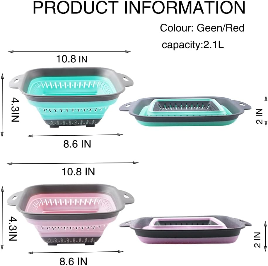 Collapsible Colander Set, Square Round Triangles Silicone Kitchen Strainer Perfect for Draining Pasta Vegetable fruit 2 PCS (10.8"L x 8.6"W x 2"H, Red & Green)