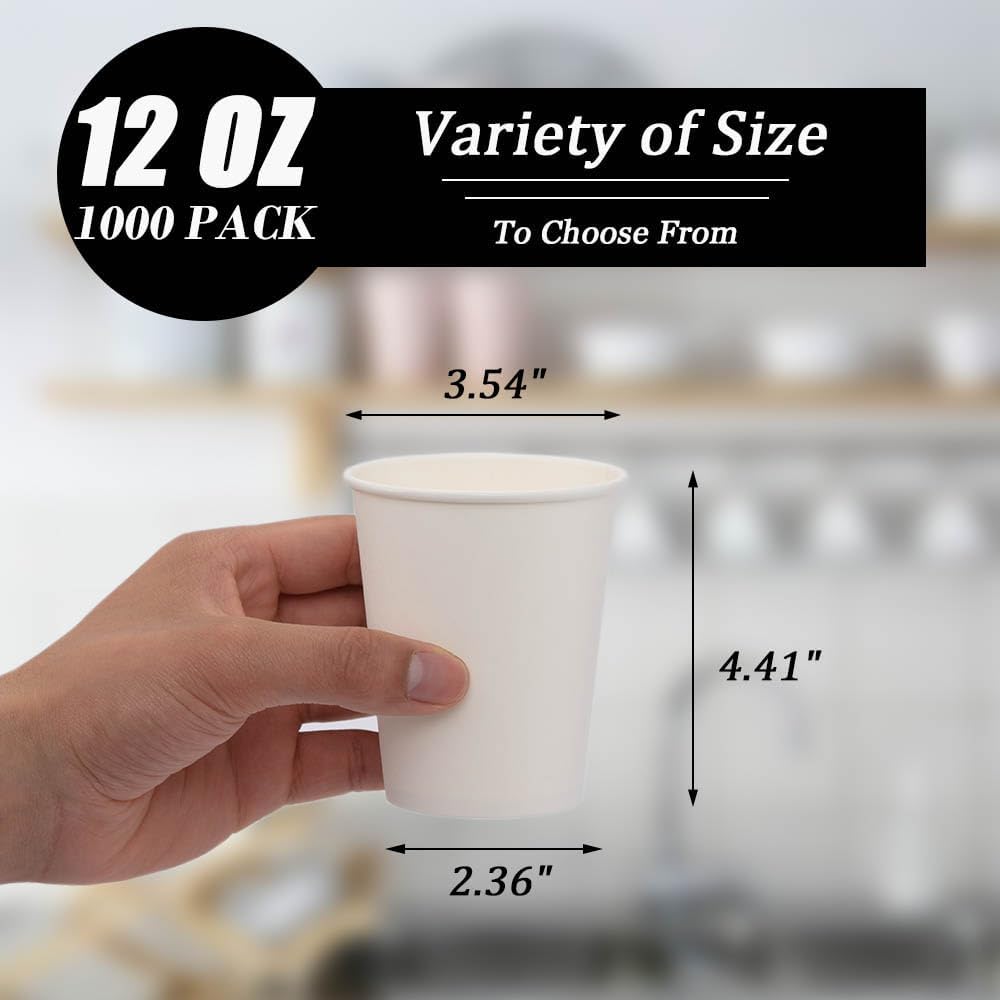 Lamosi 1000 Count 12 oz Paper Coffee Cups Bulk, Disposable Paper Cups for Hot or Cold Drinks, 12 Ounce White Beverages Water Cups for Party, Picnic, Travel, Events