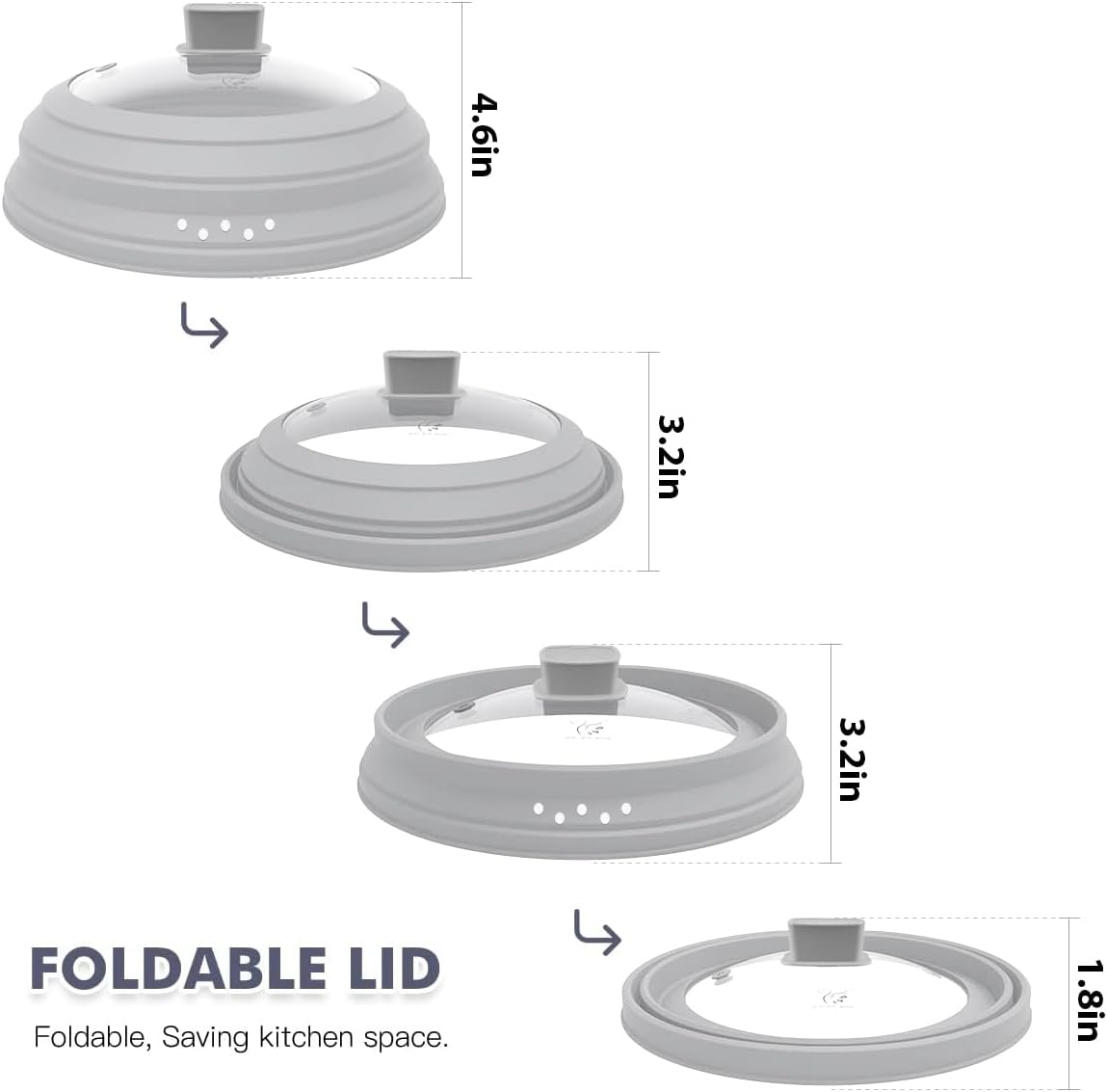 Microwave Splatter Cover Glass Cover Guard Lid with Collapsible Silicone for Food Pot Plate Cover 9.8 inch Light Grey