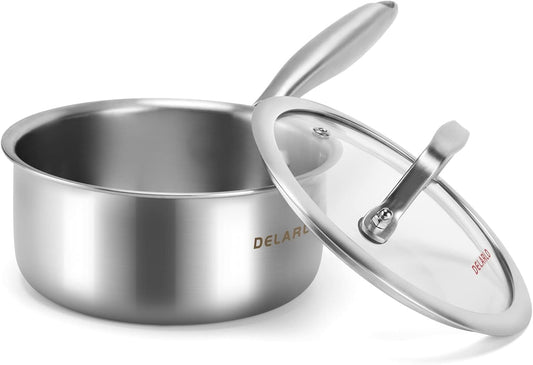 DELARLO Tri-Ply Stainless Steel Induction Saucepan, 1.5 QT with Lid, All Stove Compatible 600, Small Pots for Cooking, Heavy Duty Saucier, Dishwasher Safe