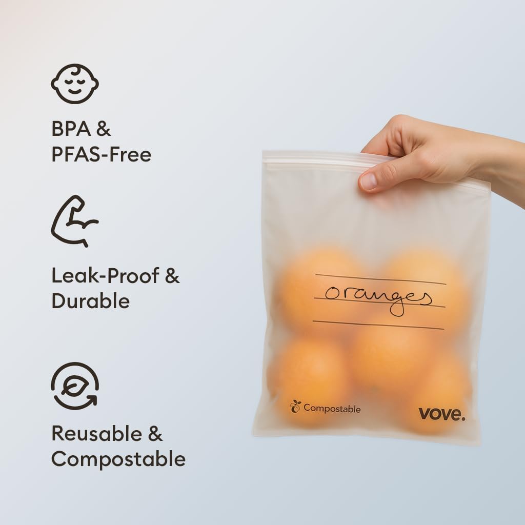 Vove Compostable Gallon Bags, Extra Large 30 Count – Freezer Safe, Leak Proof, Non Toxic Food Storage for Meal Prep & Snacks, Plant-Based Eco Bags