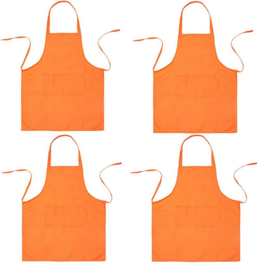 Bringsine 4 Pack Bib Chef Apron - Unisex Aprons with 2 Pockets,Machine Washable Aprons for Men and Women,Kitchen Resistant Cooking BBQ Aprons Bulk(Orange)