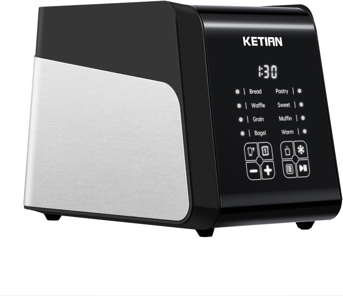 Touchscreen Toaster 2 Slice, KETIAN Bagel English Muffins Toast Pastry Waffles Grain Sweet Bread Toaster, Extra Wide Slots Single Slot Toasting Automatic Lifting, 1400w (Black)