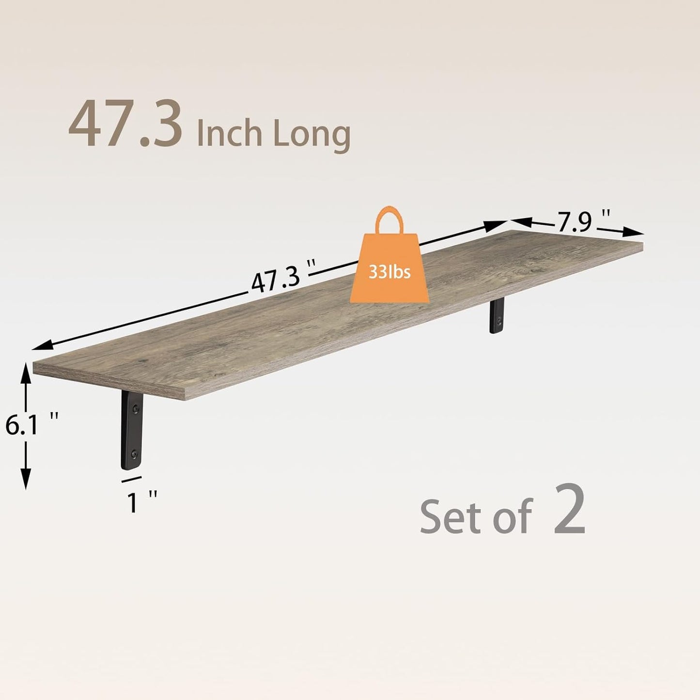 DINZI LVJ Long Wall Shelves, 47.3Inch Wall Mounted Shelves Set of 2, Extra Large Floating Storage Ledges with Sturdy Metal Brackets for Living Room, Bathroom, Bedroom, Kitchen, Gray Wash