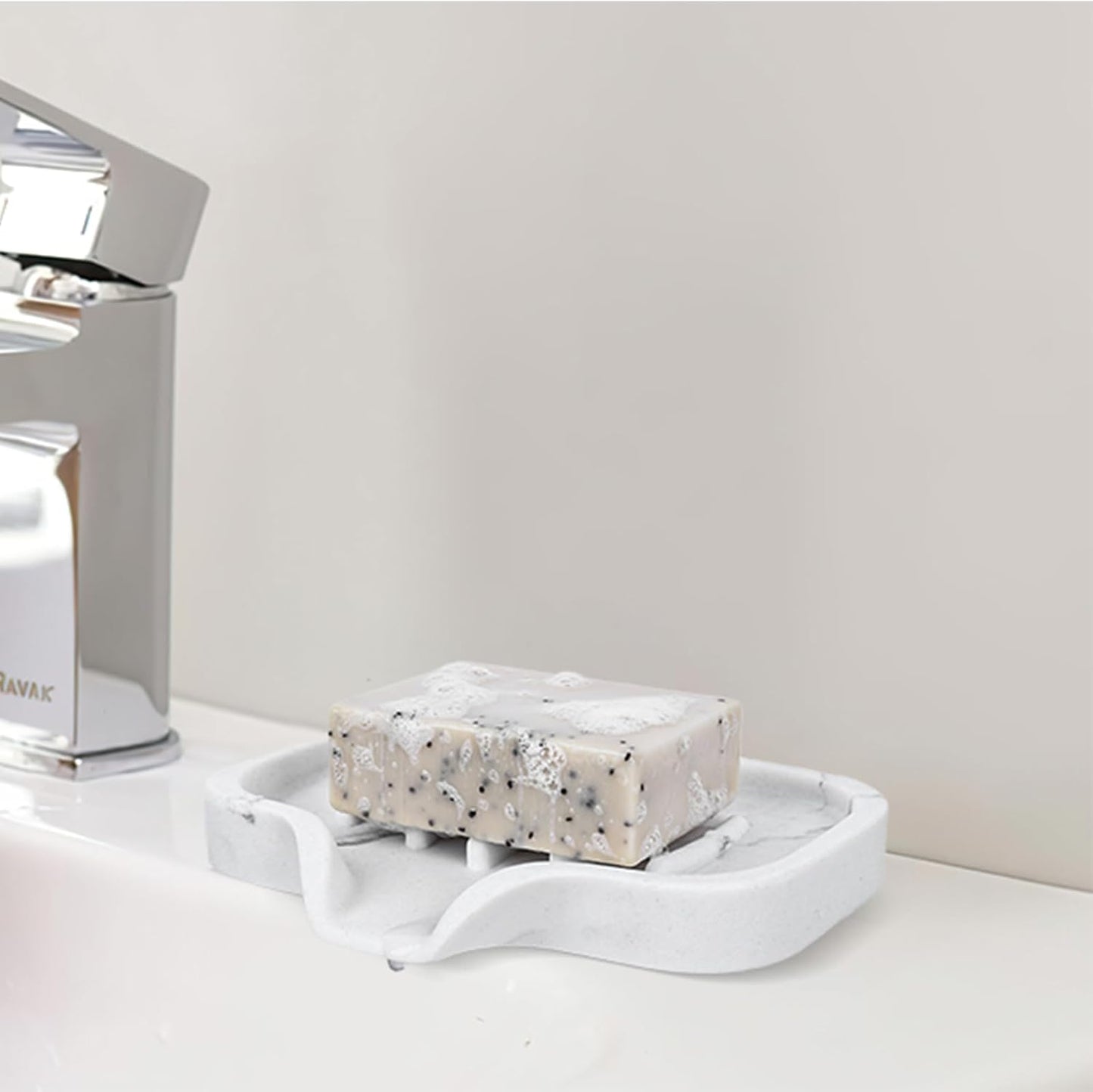 Self Draining Soap Dish- Bar Soap Holder for Shower, Marble Design Large Soap Savers Soap Tray Sponge Holder for Kitchen Bathroom Bathtub Sink, White