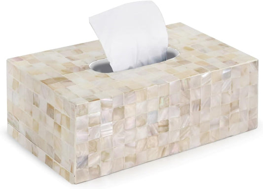PEMAR Rectangular Mother of Pearl Lacquer Nacre Inlay Wood Tissue Box, Handmade Rectangle Tissue Box Cover Holder Decorative Napkin Dispenser Organizer Rustic Farmhouse Vintage Decor (White Sand)