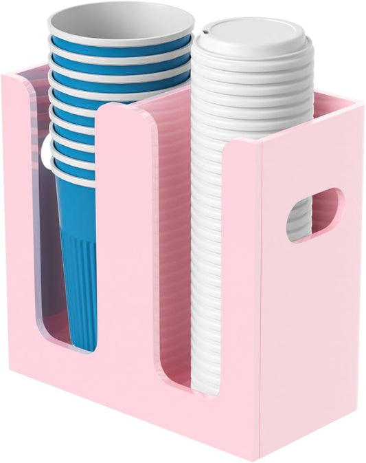 WINFFOR Disposable Cup Organizer Dispenser - 2 Compartments Lightpink Acrylic Cup and Lid Holder with Handles Plastic Cup Dispenser Countertop Paper Cup Holder for Coffee Bar House Party Essentials