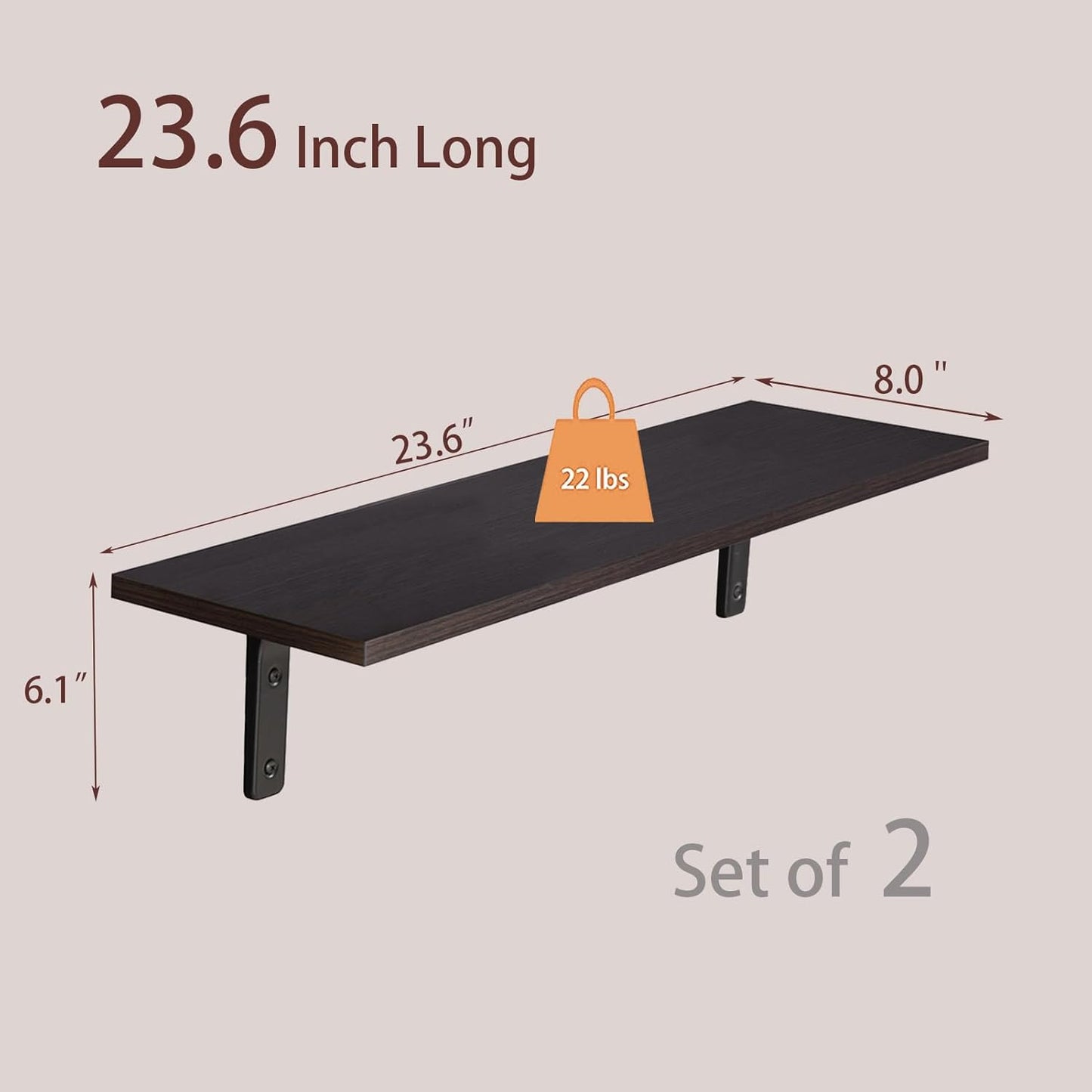 DINZI LVJ Long Wall Shelves, 23.6 Inch Wall Mounted Shelves Set of 2, Easy-to-Install, Wall Storage Ledges with Sturdy Metal Brackets for Living Room, Bathroom, Bedroom, Kitchen, Espresso