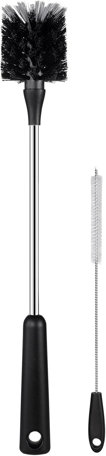 Water Bottle Brush with Straw Cleaner, 15 Inches Stainless Steel Handle Baby Bottle Brush Cleaner, Kitchen Scrub Cleaning Brushes for Cup, Wine Glasses, Coffee Mugs, Tumblers, Wine Decanters, Black