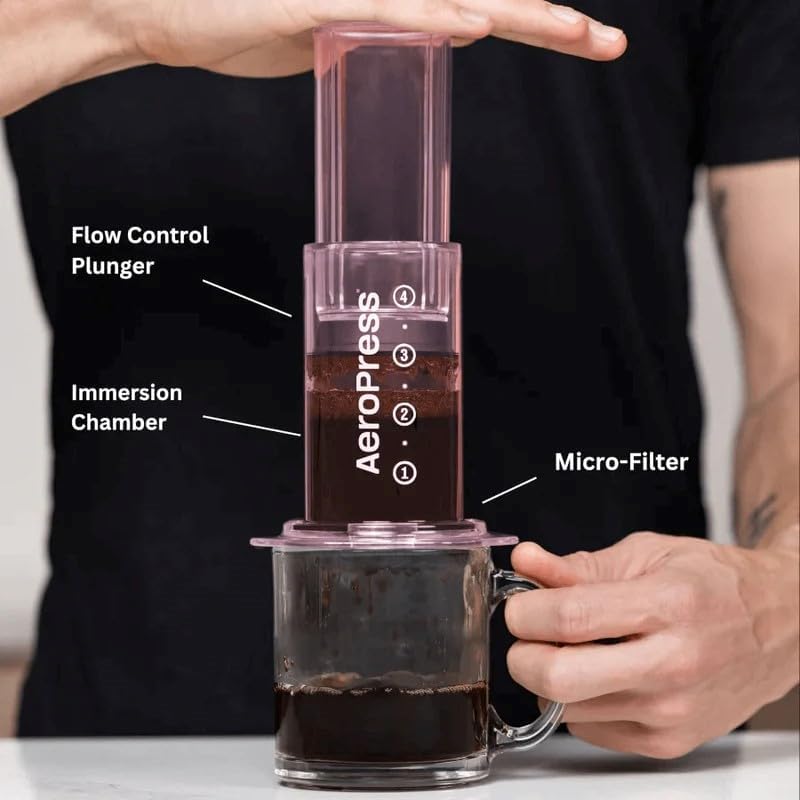 AeroPress Clear Pink Coffee Press – 3 In 1 Brew Method Combines French Press, Espresso, Full Bodied Coffee Without Grit or Bitterness, Small Portable Coffee Maker for Camping & Travel, Pink