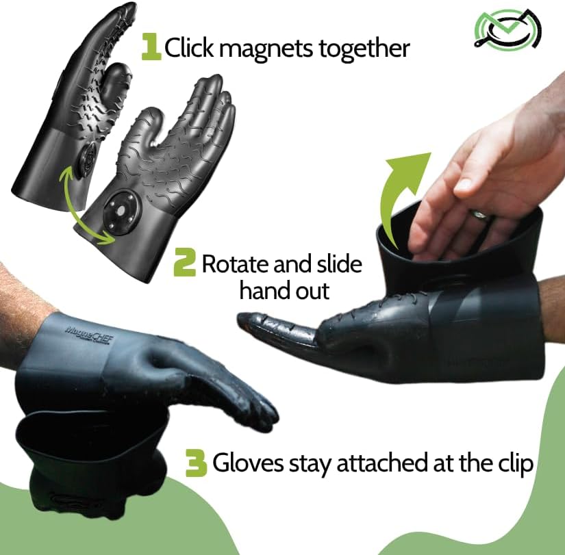 MagneCHEF Magnetic BBQ Grill Gloves – Heat Resistant, Patented Magnetic Safety Clip Easy On & Off, Firefighter-Designed, Dishwasher-Safe, Waterproof, Perfect for Grilling, Smoking, Frying, Baking