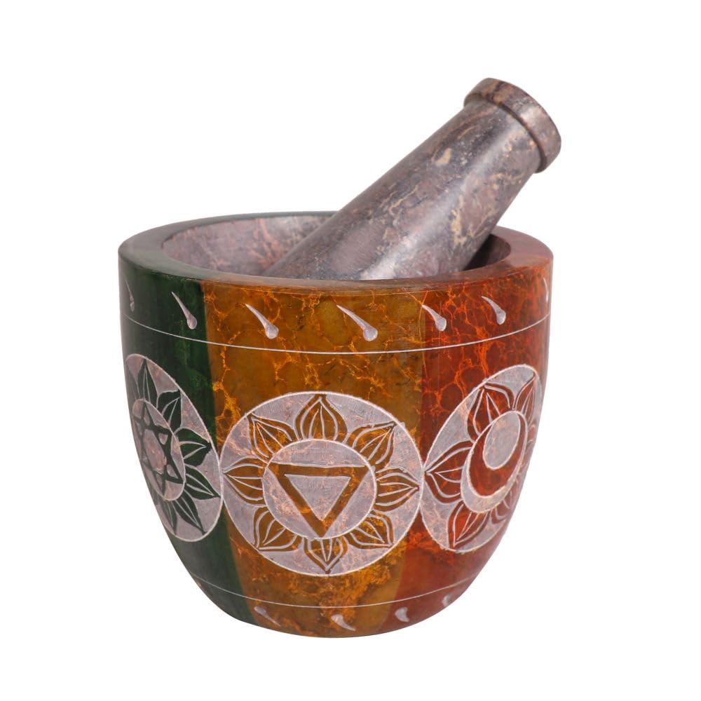 Mortar and Pestle, Made of Heavy Duty Polished Hard Stone, Natural Stone Grinder for Spices, Pastes, Herbs, Seasoning etc. (7 Chakra)