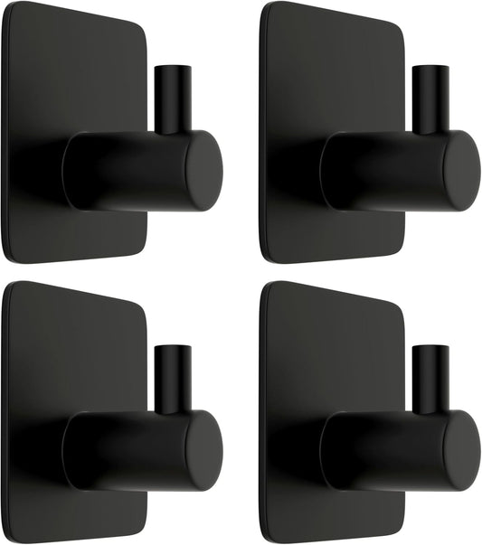 ACNISM Adhesive Hooks Heavy Duty Waterproof 4 Pack, Stainless Steel Stick on Hooks for Hanging Towel, Robe, Coat, Loofah - Bathroom Shower, Kitchen Organizer (Matte Black)